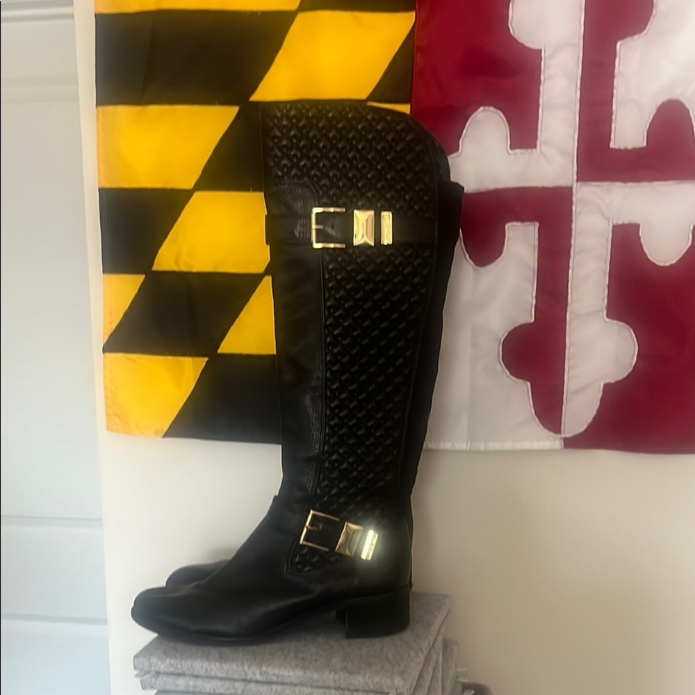 Vince Camuto Black Tall Boots with Gold Accents